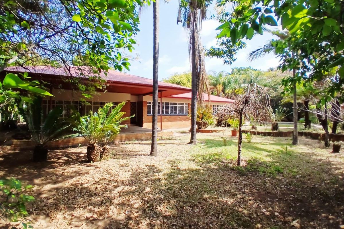 Rear view of a single-story brick house featuring a covered patio and extensive garden area with mature trees.