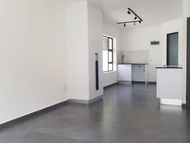 A modern, open-plan living and kitchen area featuring sleek white cabinetry, dark tiled flooring, and contemporary track lighting in a clean, minimalist space.
