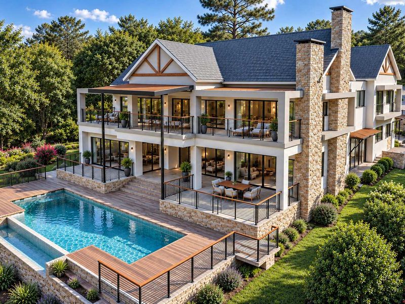 A luxurious multi-level residence featuring a rear patio, expansive timber decking, a swimming pool, and stone architectural detailing set within a landscaped garden.