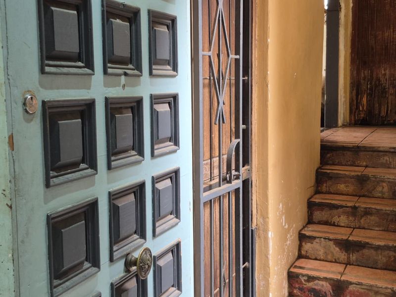 An entryway featuring a panelled door, security gate, and a tiled staircase showing signs of wear and tear.