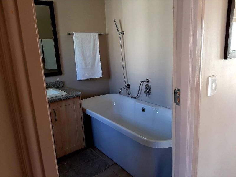 A functional bathroom featuring a modern freestanding bathtub with handheld shower mixer, a vanity cabinet with granite countertop, and an undermount sink.