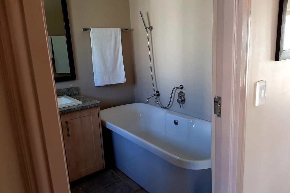 A functional bathroom featuring a modern freestanding bathtub with handheld shower mixer, a vanity cabinet with granite countertop, and an undermount sink.