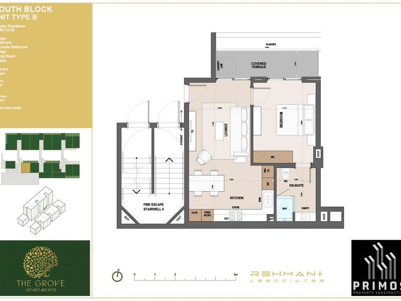 Architectural floor plan for a one-bedroom apartment unit, detailing the layout of the kitchen, lounge, bedroom, en-suite bathroom, and covered terrace.