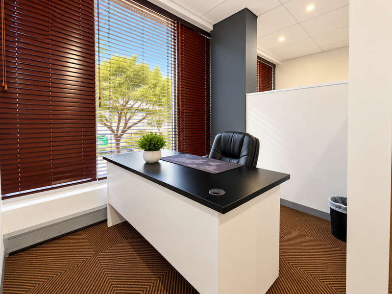 A professional office space featuring large windows with venetian blinds, carpeted flooring, and a suspended ceiling with recessed lighting.