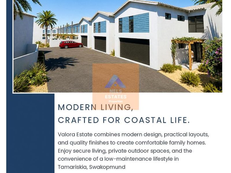 Front elevation of a modern townhouse complex featuring paved driveways, double garages, and contemporary architectural finishes in a coastal estate setting.