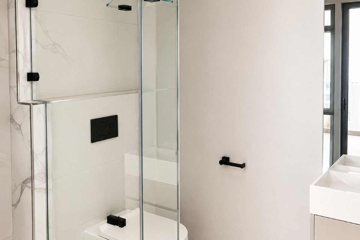 Modern bathroom featuring a wall-mounted toilet, glass shower enclosure, marble-look tiling, and a sleek vanity cabinet with contemporary black fixtures.