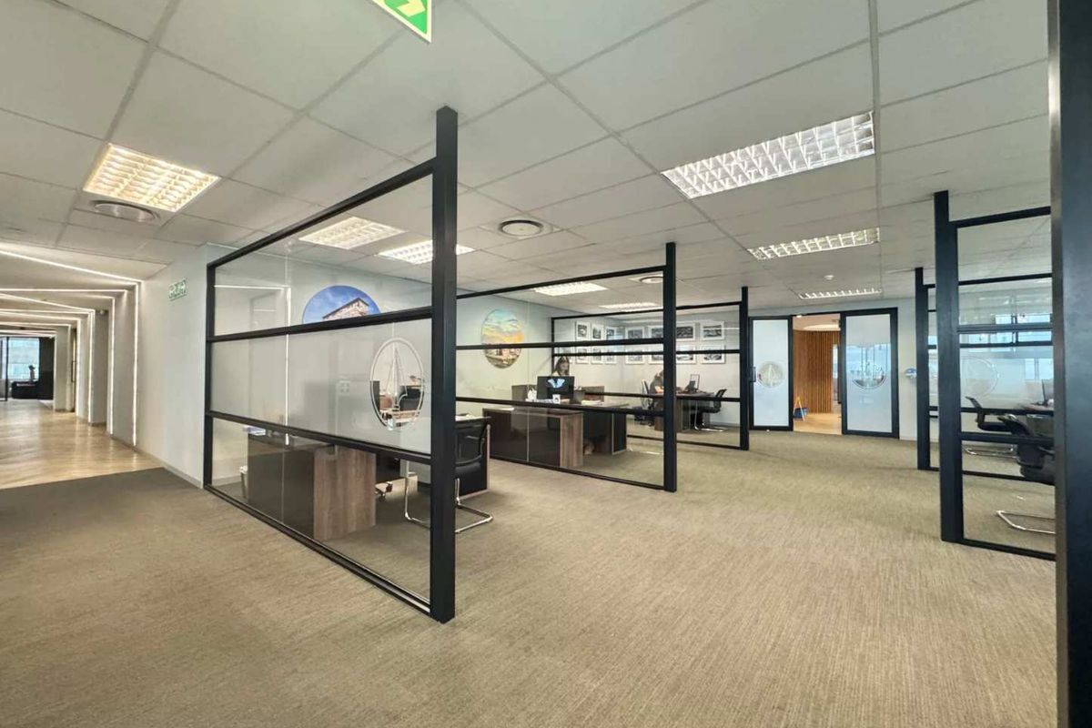 Modern open-plan office space featuring contemporary black-framed glass partitions, suspended ceiling tiles, and professional carpet flooring.