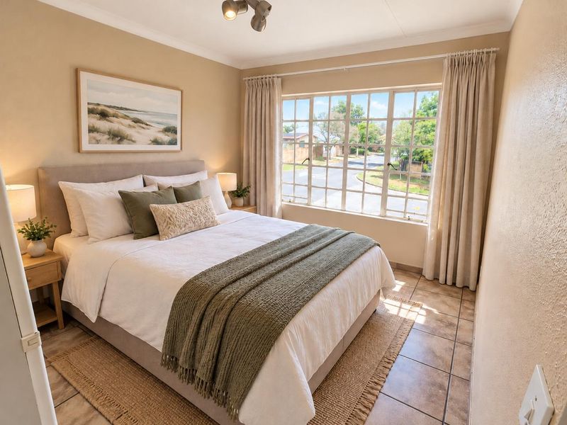 A well-lit bedroom featuring tiled flooring, neutral wall tones, and a large window providing natural light and street views.