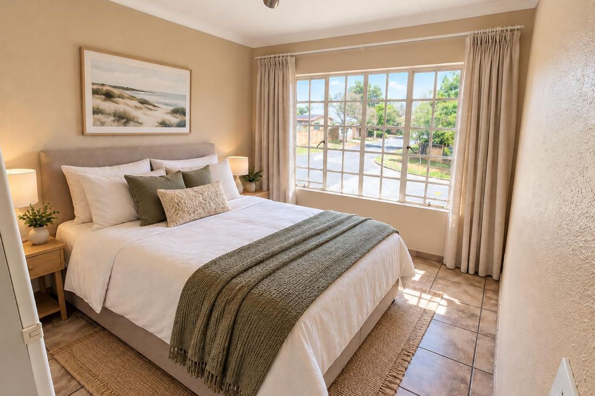 A well-lit bedroom featuring tiled flooring, neutral wall tones, and a large window providing natural light and street views.