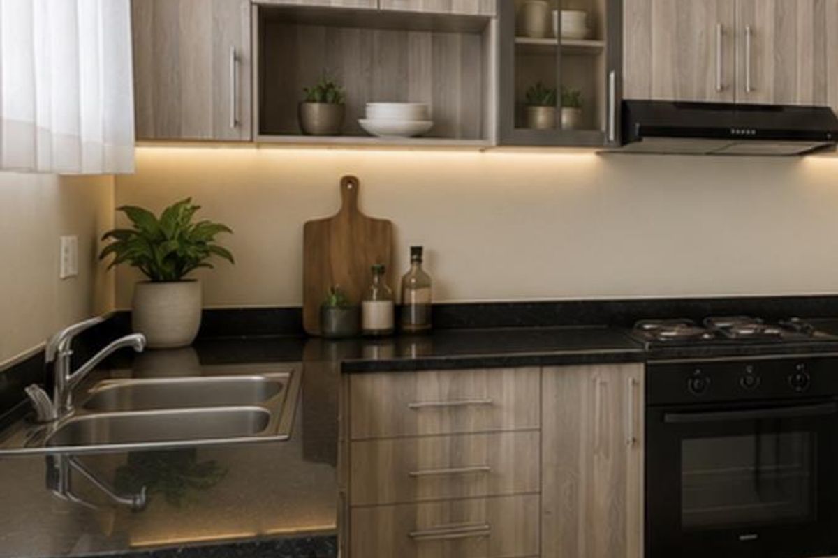 Modern kitchen featuring wood-grain laminate cabinetry, dark granite countertops, integrated stainless steel sink, and built-in oven with gas hob and extractor fan.