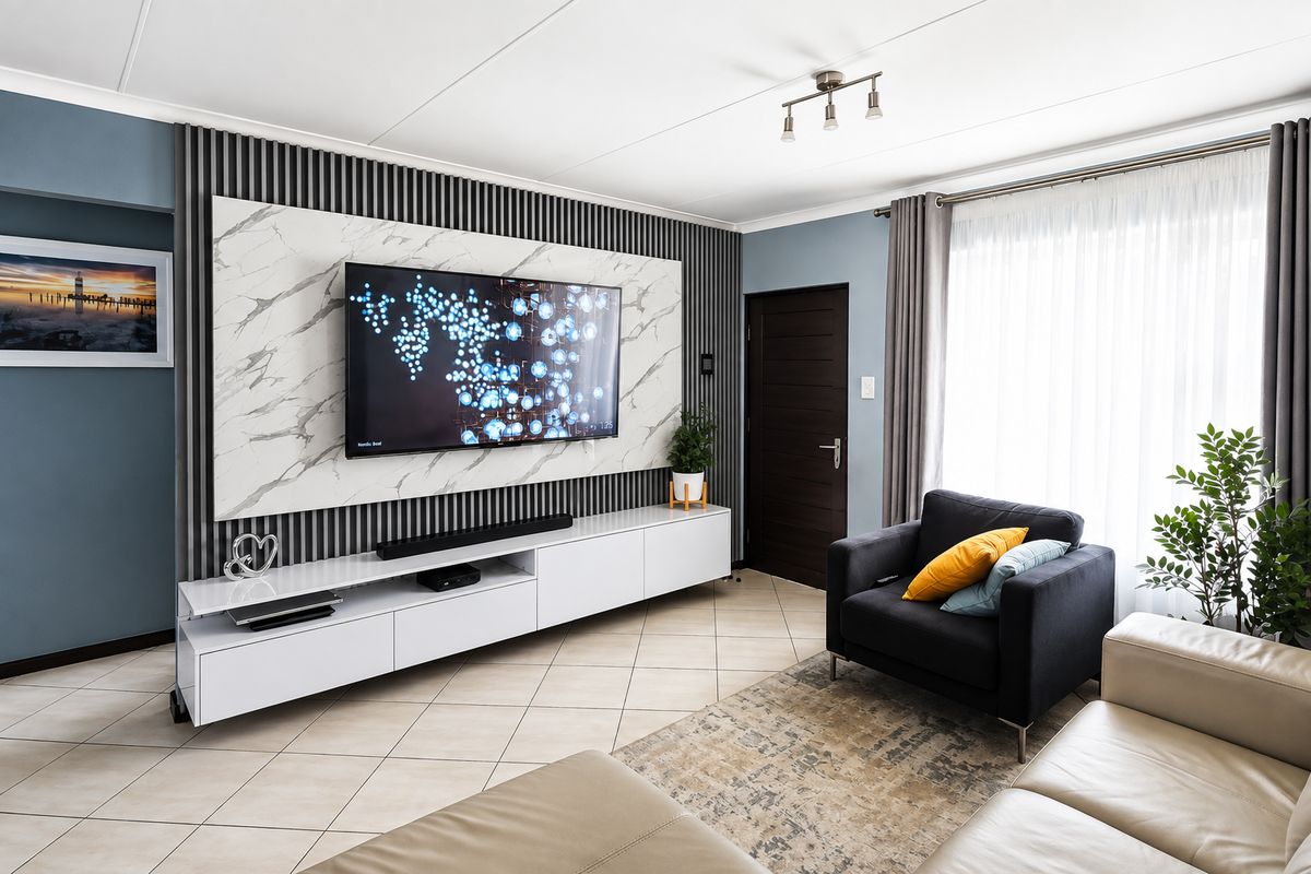 Modern living room featuring a stylish marble-look feature wall with integrated slatted paneling, built-in media cabinetry, and neutral tiled flooring.