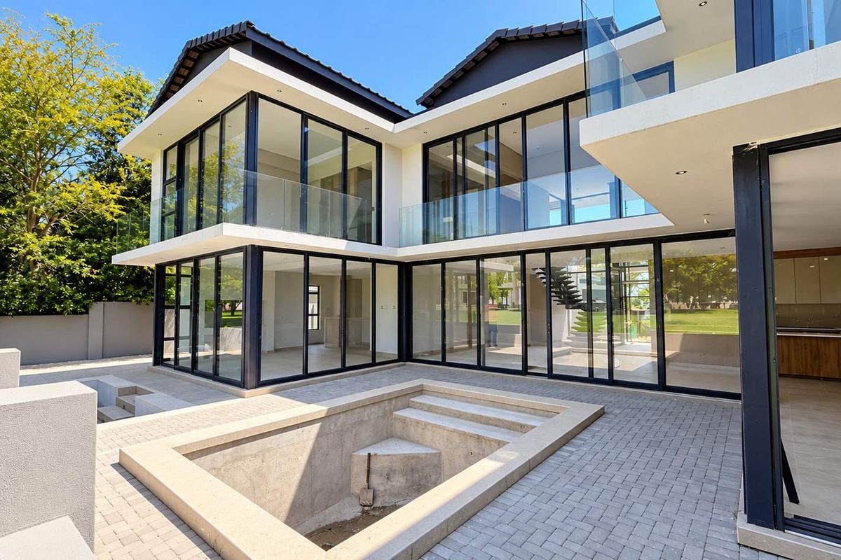 Modern double-story rear elevation featuring extensive glass sliding doors, a paved patio area, and an unfinished concrete swimming pool.