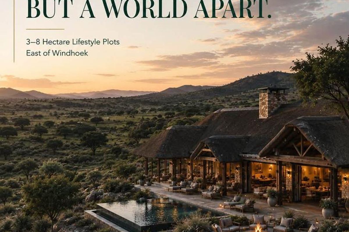 Aerial view of a luxury residence featuring a thatched roof, infinity pool, and stone patio overlooking a vast landscape.