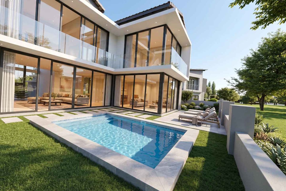 Modern two-story residence featuring expansive floor-to-ceiling glass walls, a private swimming pool, and a paved patio area set within a landscaped garden.