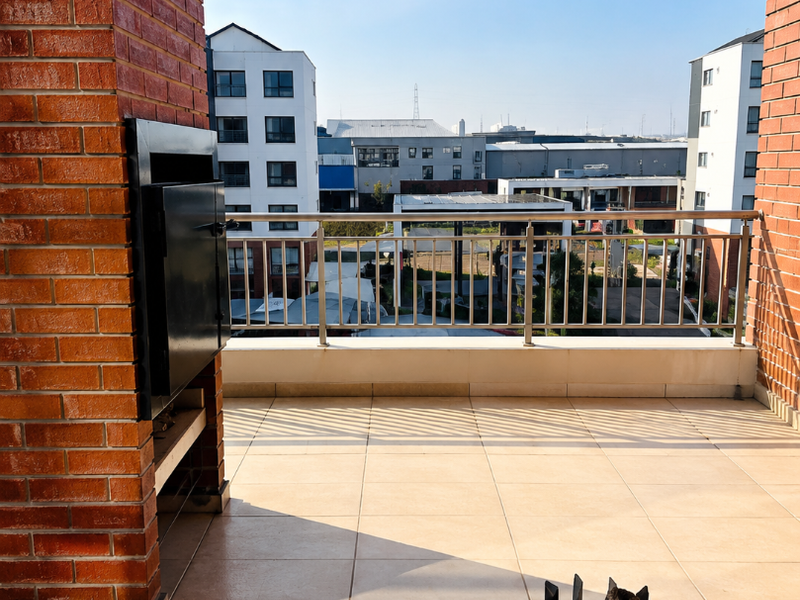 A spacious covered balcony featuring exposed brick pillars, a built-in braai, tiled flooring, and a metal balustrade overlooking the surrounding apartment complex.