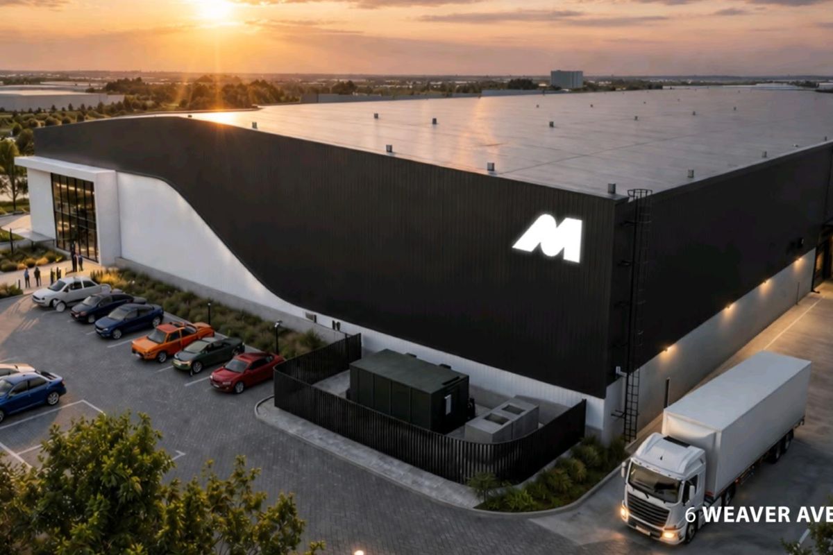 Aerial view of a modern industrial warehouse facility featuring large-scale cladding, dedicated parking areas, and efficient loading bay access at sunset.