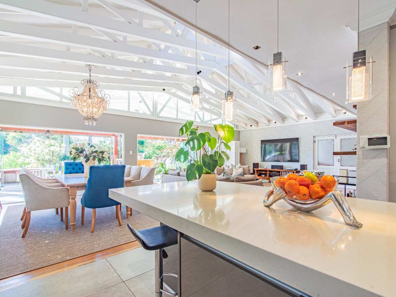 Spacious open-plan living and dining area featuring high vaulted ceilings with exposed rafters, a modern stone kitchen island, and seamless flow to the outdoor patio.
