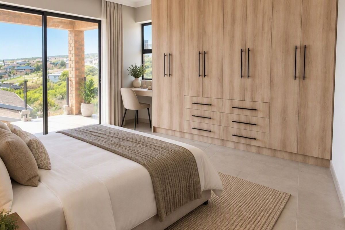 Modern bedroom featuring extensive built-in cabinetry, neutral tiled flooring, and large sliding doors opening to a private balcony with scenic views.
