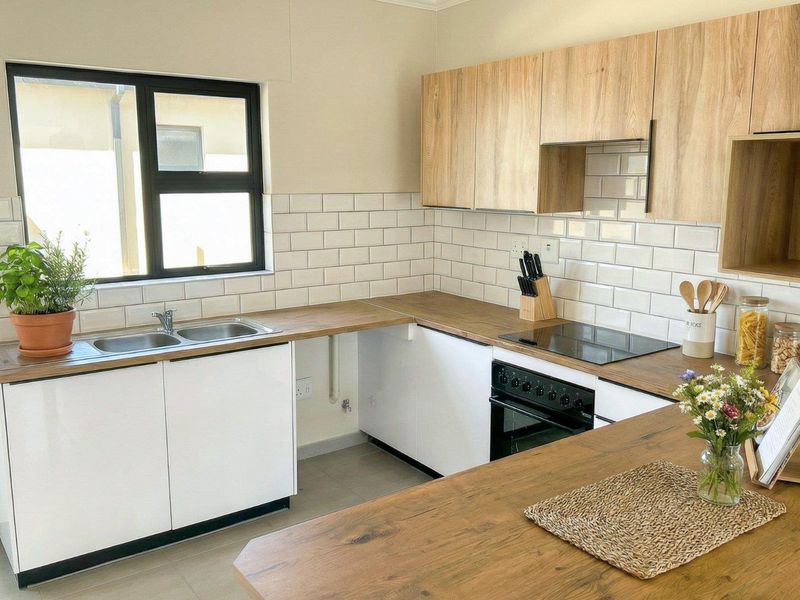 Modern kitchen featuring light wood-tone cabinetry, subway tile backsplash, dark laminate countertops, and integrated cooking appliances.