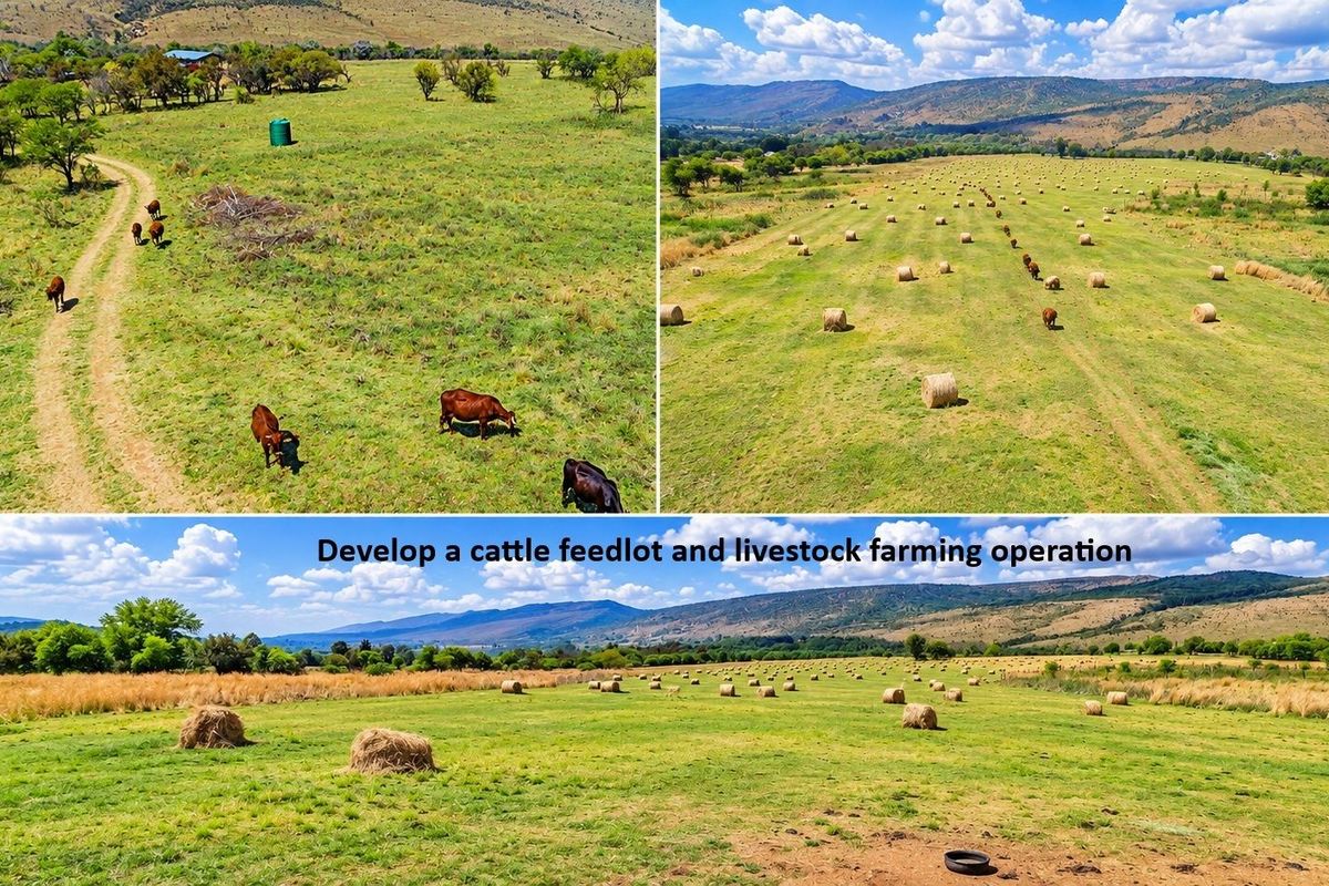Aerial view of expansive farm land suitable for cattle feedlot and livestock farming operations, featuring open grazing fields and mountain views.