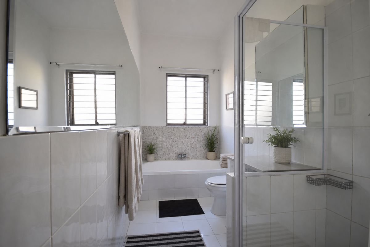A clean, functional bathroom featuring a built-in bathtub, separate shower enclosure, tiled finishes, and a large wall mirror with natural light from two windows.