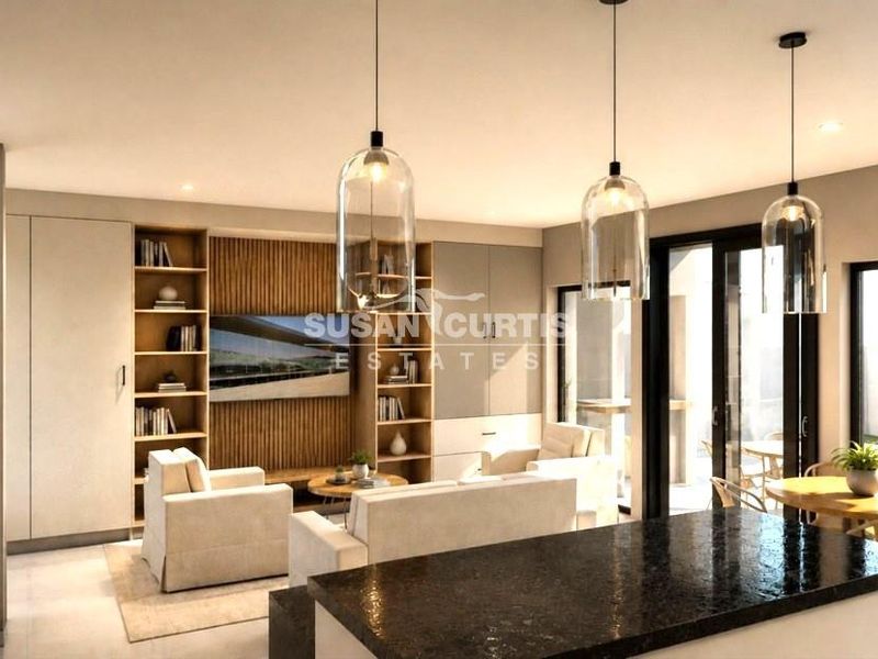 Modern open-plan living area featuring a sleek kitchen island, built-in shelving, slatted timber accents, and seamless access to the outdoor patio through sliding glass doors.
