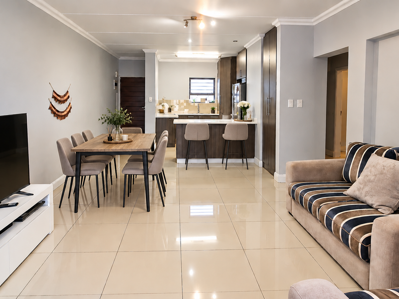 Spacious open-plan living and dining area featuring polished floor tiles, modern kitchen cabinetry with an island, and neutral wall finishes.