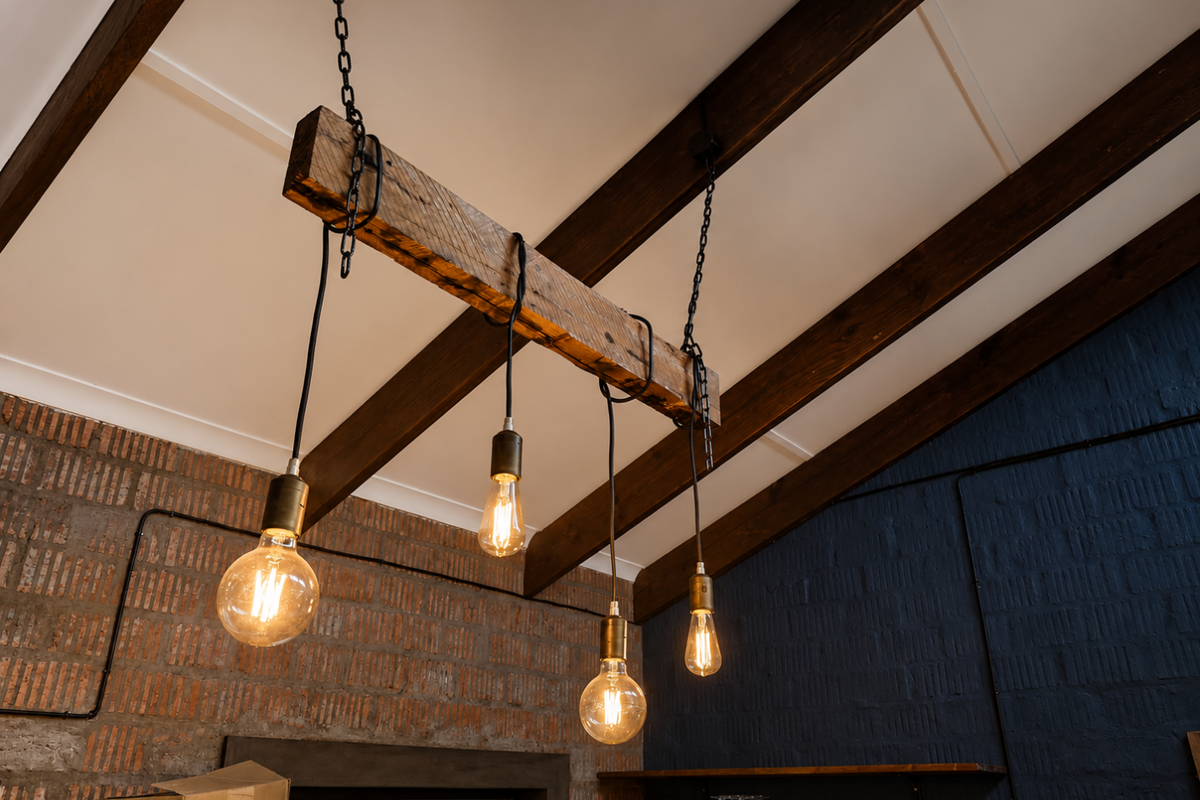 Interior view featuring exposed timber ceiling beams, a rustic exposed brick wall, and a contrasting dark painted brick wall with industrial pendant lighting.