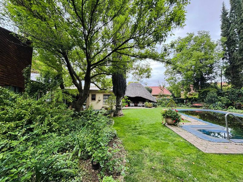 A spacious backyard featuring a swimming pool with paved surround, a traditional thatched lapa, and established garden landscaping.