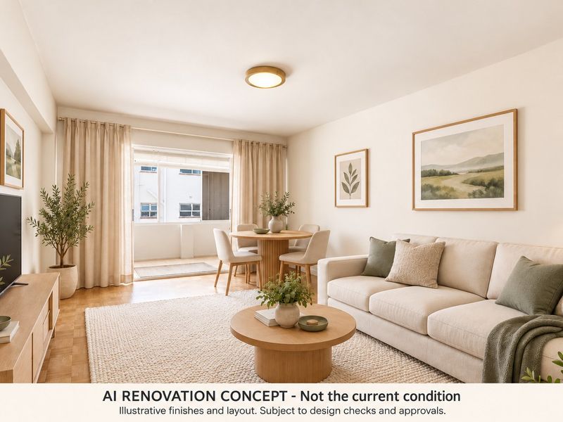 A bright and airy living room featuring parquet flooring and a sliding glass door leading to a balcony, presented as a renovation concept.