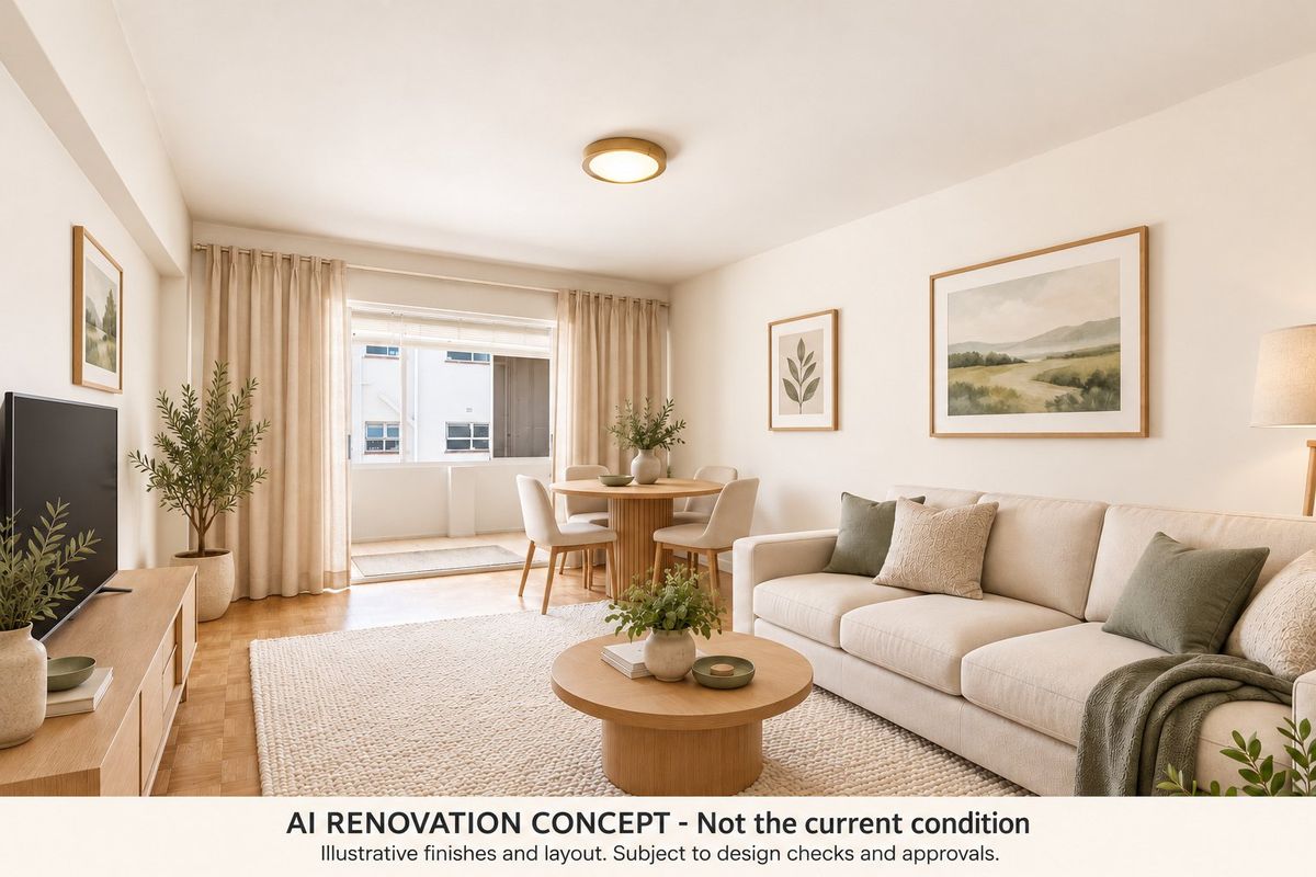 A bright and airy living room featuring parquet flooring and a sliding glass door leading to a balcony, presented as a renovation concept.