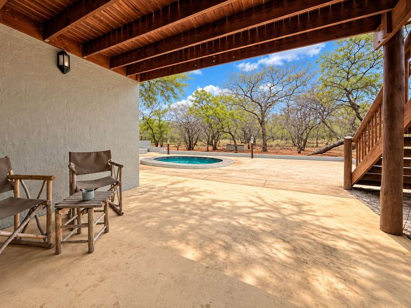 Covered patio area featuring timber ceiling beams, concrete flooring, and a direct view of the outdoor plunge pool and natural bushveld surroundings.