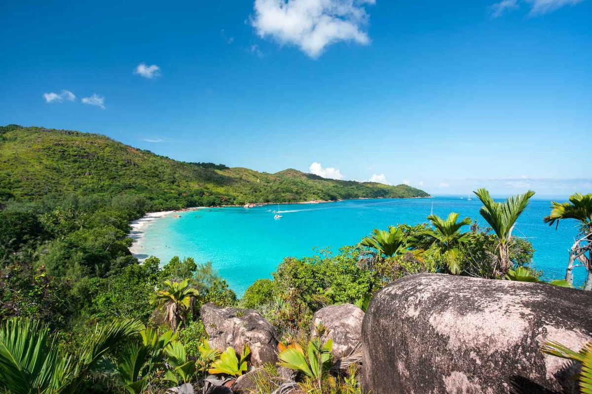 A stunning elevated view overlooking a pristine tropical beach with turquoise waters, lush green hills, and coastal vegetation.