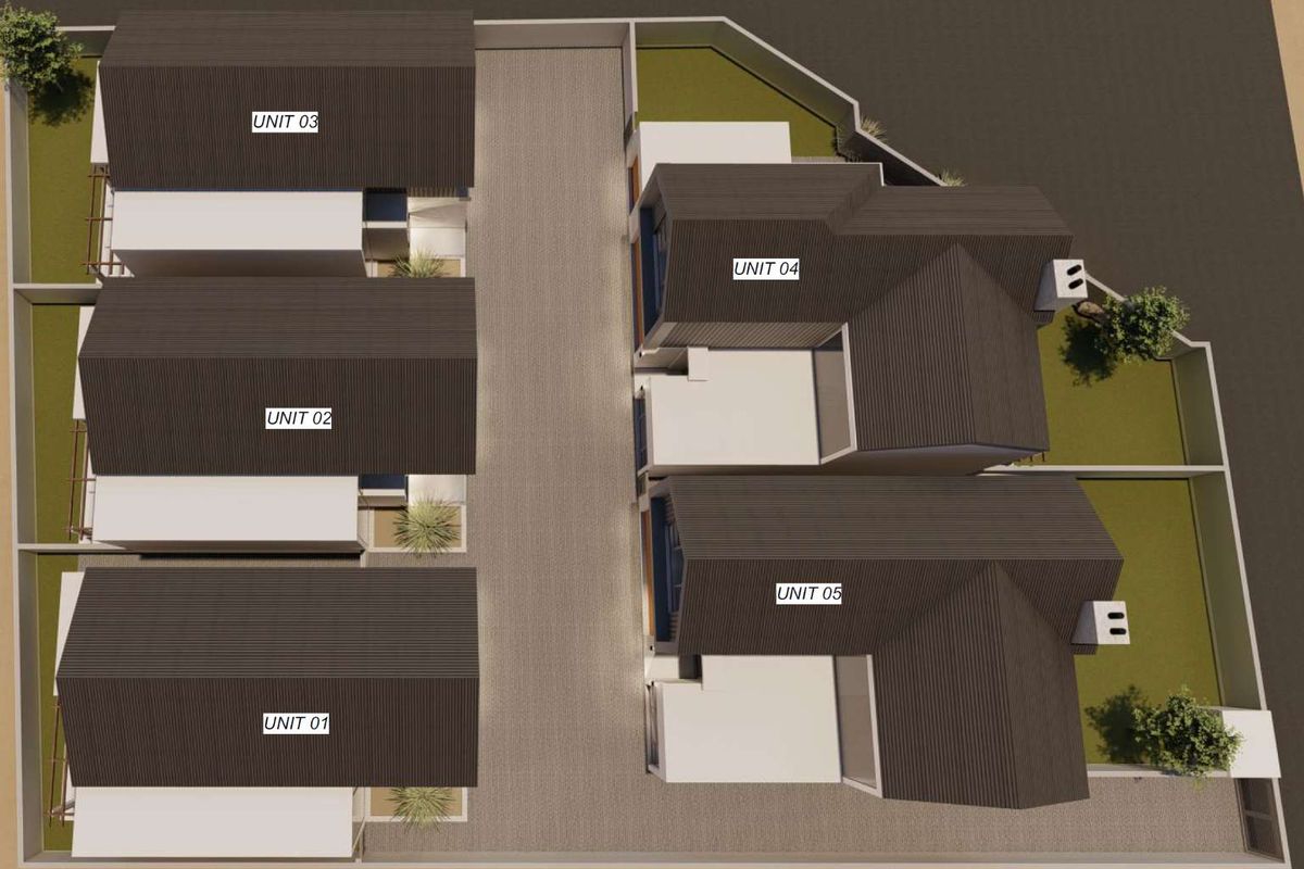 An aerial 3D architectural rendering showing the site layout and roof profiles of five townhouse units within the residential complex.