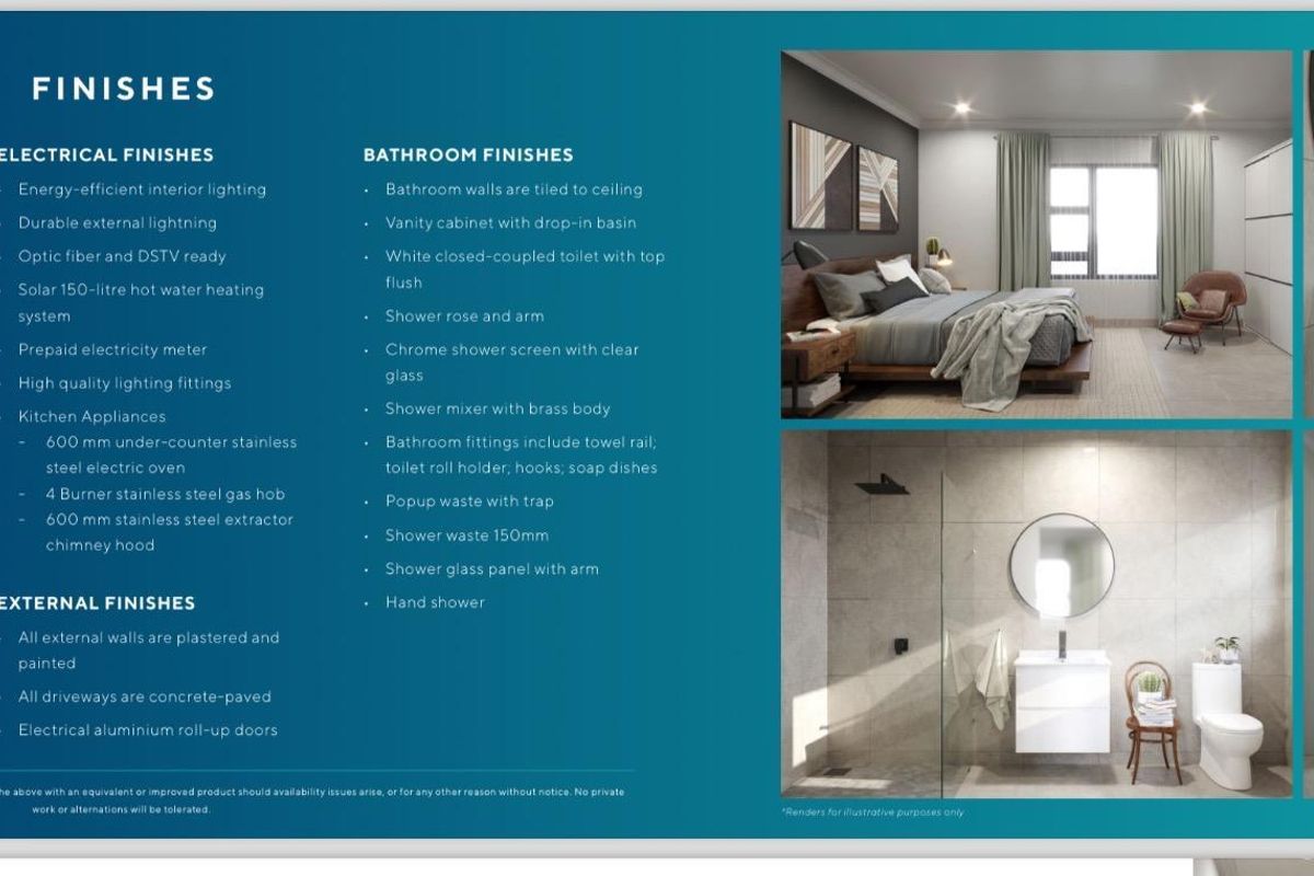A marketing brochure displaying property finish specifications and rendered interior images of bedrooms and bathrooms.