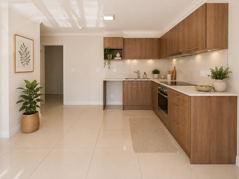 Modern kitchen featuring wood-look cabinetry, stone-look countertops, integrated oven, electric cooktop, and sleek tiled flooring in an open-plan layout.
