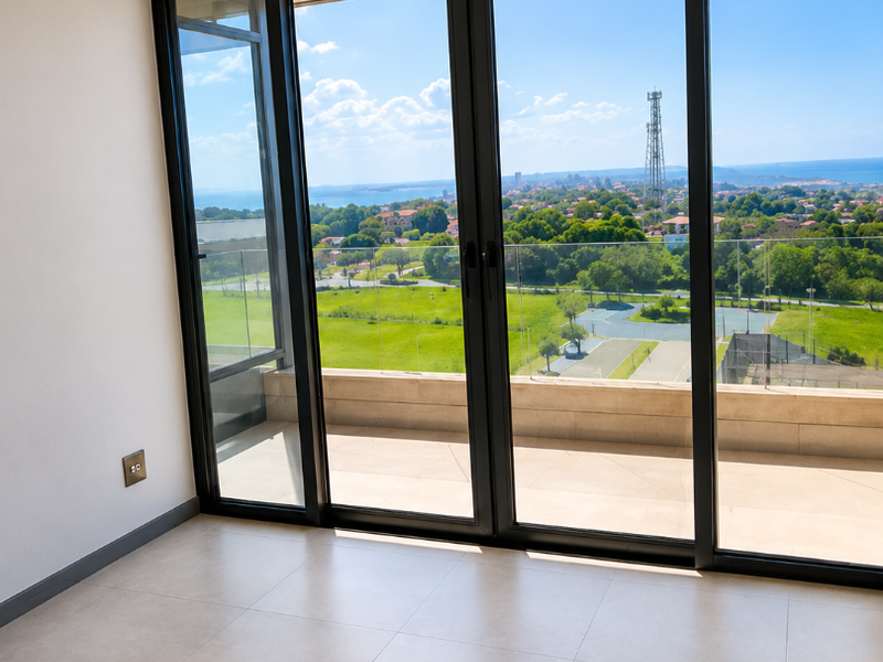 A bright, empty living area featuring large format floor tiles, recessed lighting, and expansive black aluminium sliding doors opening onto a balcony with scenic views.