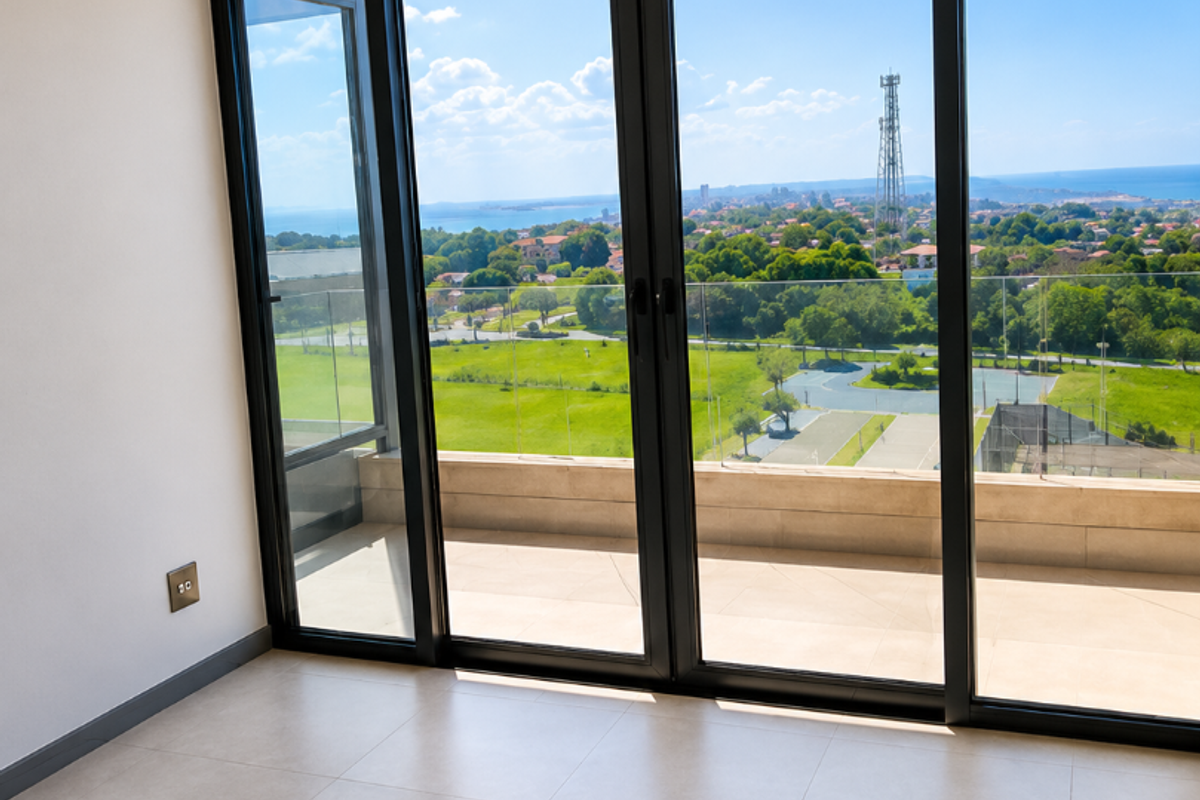 A bright, empty living area featuring large format floor tiles, recessed lighting, and expansive black aluminium sliding doors opening onto a balcony with scenic views.