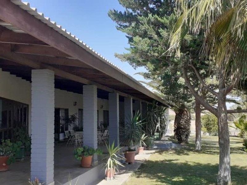 A spacious covered patio area featuring exposed timber beams and brick pillars, overlooking a well-maintained garden with mature trees.
