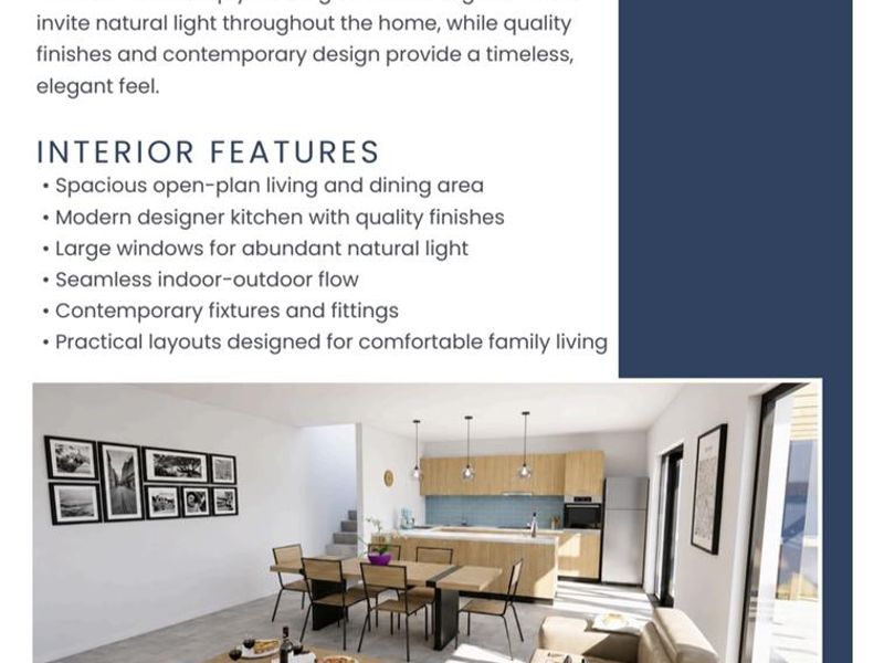 A bright open-plan living, dining, and kitchen area featuring modern cabinetry, a central island, and large windows providing seamless indoor-outdoor flow.