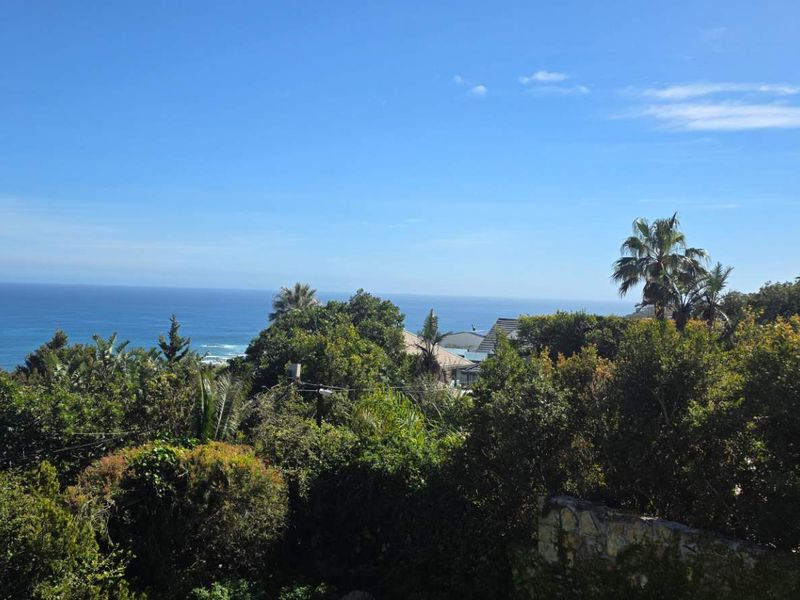 A scenic elevated view overlooking lush greenery and the ocean horizon, showcasing the property's coastal location.