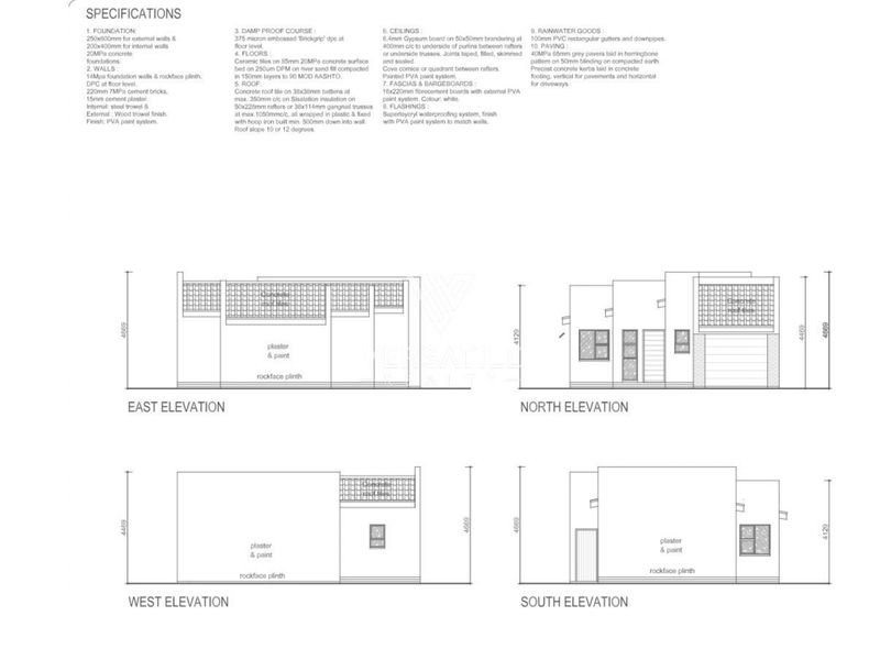 Architectural elevation drawings and technical specifications for the property, detailing foundation, wall, roof, and paving construction materials.