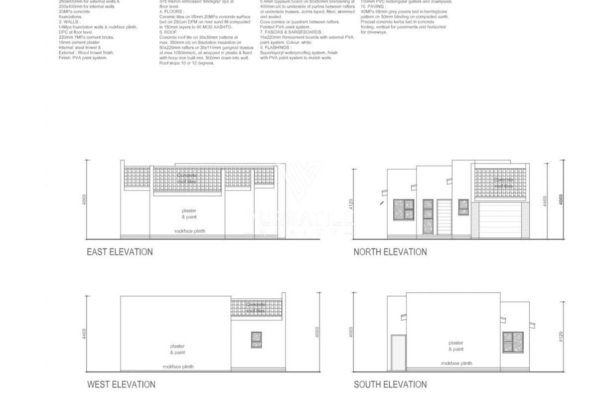 Architectural elevation drawings and technical specifications for the property, detailing foundation, wall, roof, and paving construction materials.