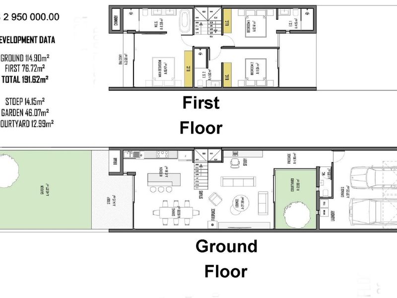Architectural floor plan showing the ground and first floor layout of the townhouse, including room dimensions and total property area.