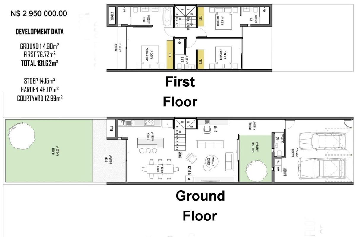 Architectural floor plan showing the ground and first floor layout of the townhouse, including room dimensions and total property area.