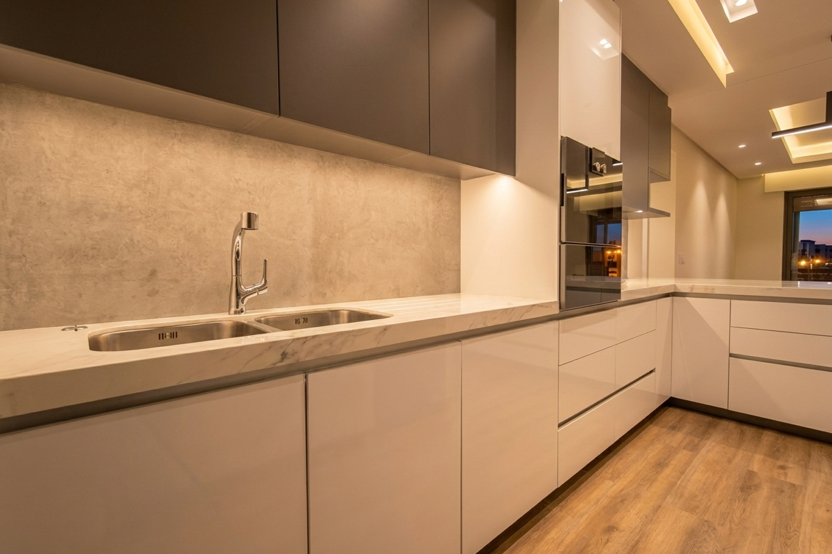 Modern kitchen featuring sleek white and dark grey cabinetry, marble-effect countertops, integrated oven, and recessed ceiling lighting.