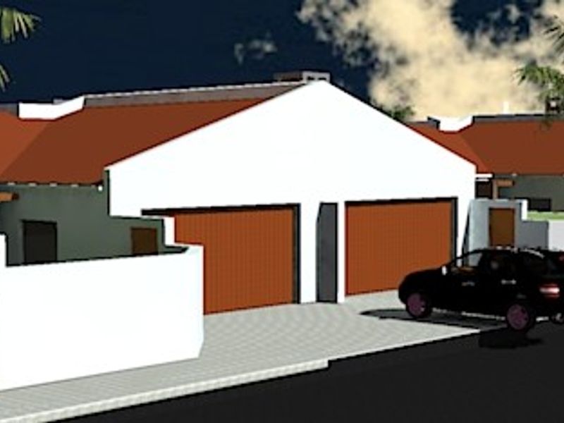 A 3D rendered perspective of a townhouse complex featuring multiple units with garages, tiled roofs, and boundary walls.