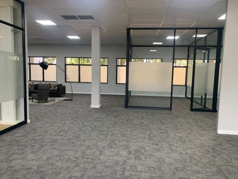 Modern open-plan office space featuring glass-partitioned meeting rooms, suspended ceilings with recessed lighting, and durable carpet tile flooring.