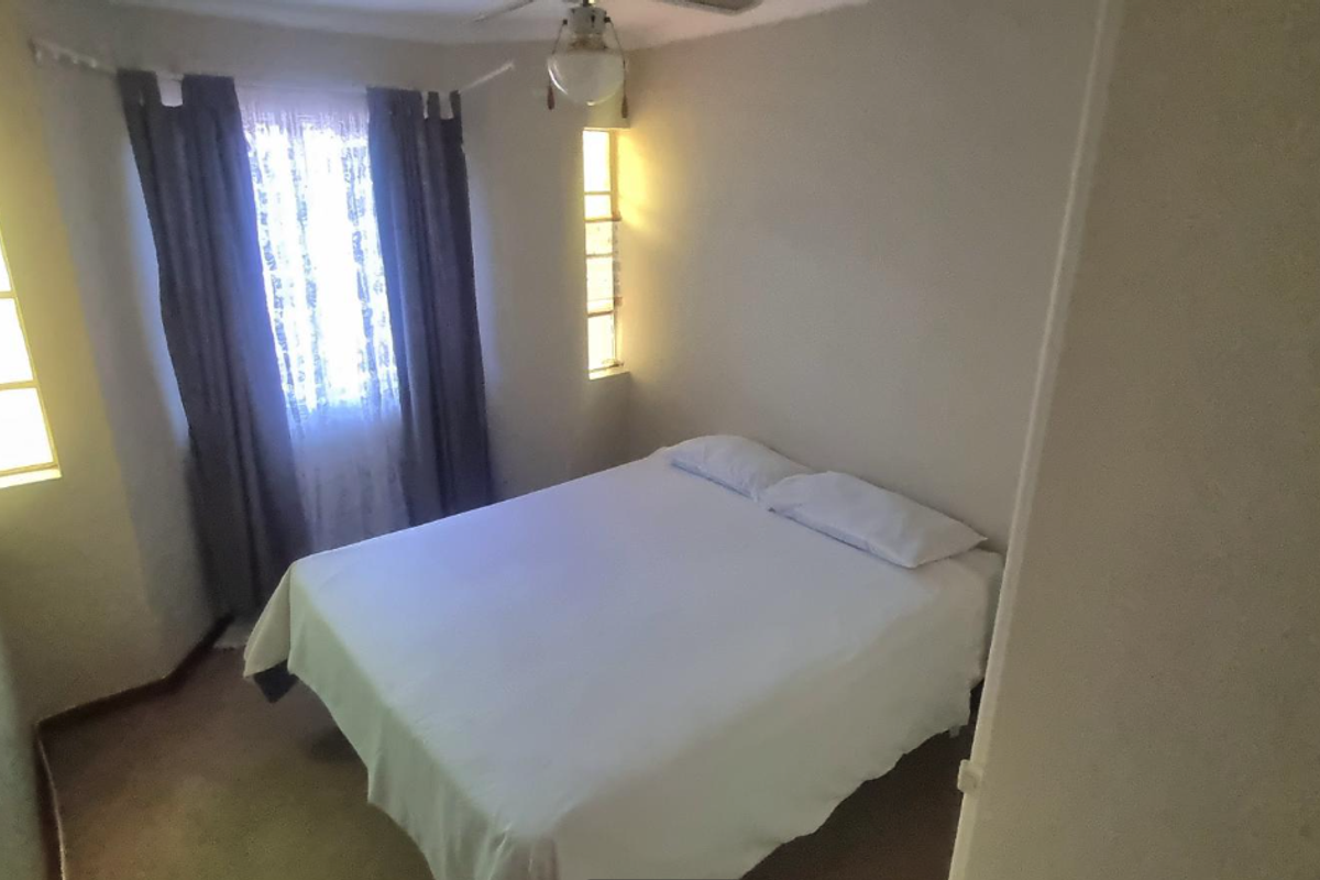 A compact bedroom featuring a ceiling fan and multiple windows providing natural light.