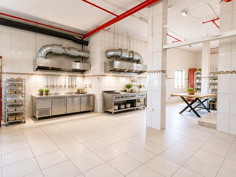 A spacious industrial-style commercial kitchen featuring stainless steel prep counters, professional-grade range and extraction systems, tiled surfaces, and exposed utility piping.